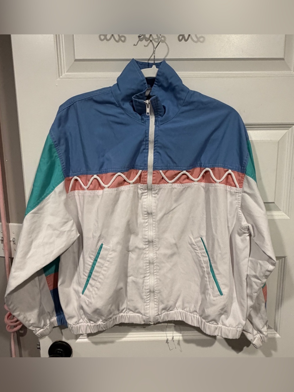 Vintage Koret Colorblock Windbreaker Jacket in Blue, White, Teal with Coral Trim